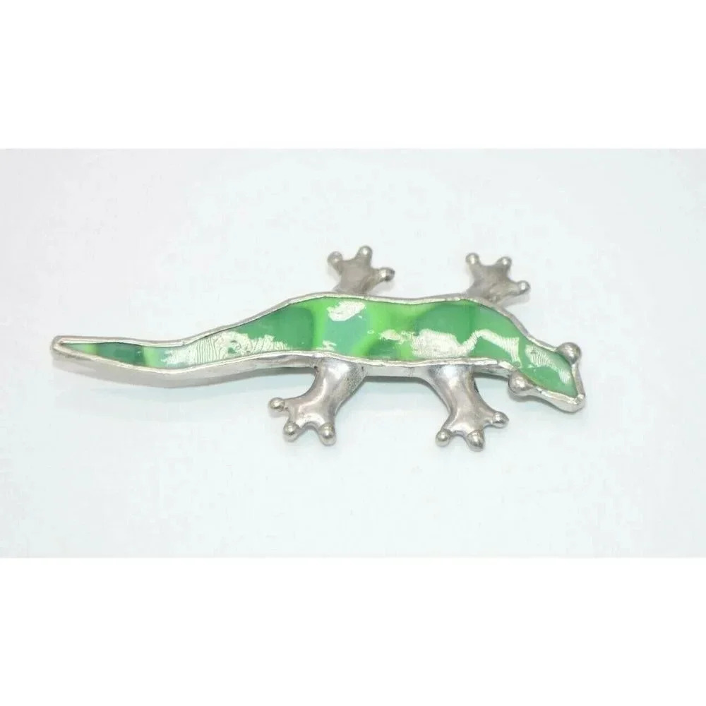 Green Glass Silver Tone Large Gecko Lizard Artist